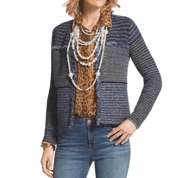 Chico's 2 L Structured Tweed Fringe Open Sweater Jacket Cardigan Blue Black Grey - Picture 2 of 13